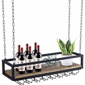 Plafondplank - Plafond hangende wijnglashouder, Europese stijl smeedijzeren massief houten opbergrek, multifunctioneel hangende wijnrekken/flessenrek, met 100 cm ijzeren ketting wijnglasrek (maat: 1