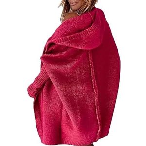 Grofgebreid Vest Met Lange Mouwen For Dames, Maten Gebreide Jas, Herfstwinter, Truien, Jassen For Tienermeisjes, Lang Vest, Capuchon(Rouge,XL)