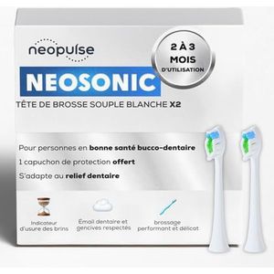 NEOPULSE® - Set van 2 witte nylon zachte borstelkoppen voor NEOSONIC® Sonische Elektrische Tandenborstel - Compatibel met NEOKIDS® - 3D: Korte en lange borstelharen - Slijtage-indicator