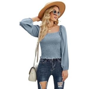 ZYSWCHB Sweatshirt dameskleding Herfst en winter effen kleur vierkante hals chiffon lange mouw getailleerde top voor dames (Color : Blue, Size : M)