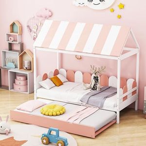 Aunvla Kinderbed, 90 x 190 cm, met uittrekbed, huisbed voor jongens en meisjes met dak en rugleuning, massief houten bed met lattenbodem, roze