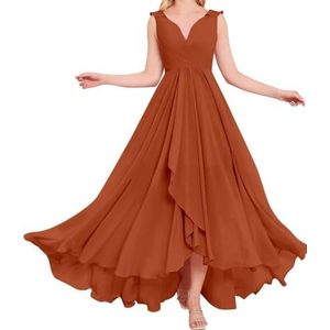 High-Low Prinses Bruidsmeisje Jurken Dubbele V-hals Prom Jurk Chiffon Formele Avond Party Gown, Verbrand Oranje, 38