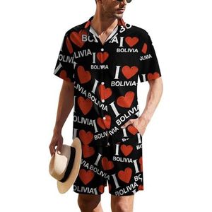I Love Bolivia Hawaiiaans pak voor heren, set van 2 stuks, strandoutfit, shirt en korte broek, bijpassende set