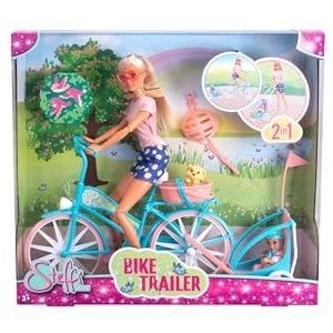 Simba 105733709 Steffi Love Bike Trailer, speelpop op haar fiets met aanhanger voor baby, hond en helmen, vanaf 3 jaar
