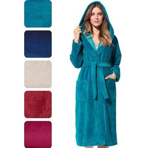 Morgenstern badjas dames capuchon bamboe katoen microfiber badstof velour turquoise blauw L