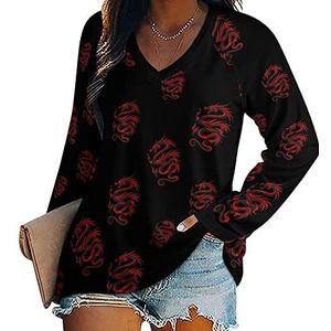 Rood Zwart Draak Dames Lange Mouw V-hals T-shirts Herfst Tops Trui Tuniek Tee voor Leggings