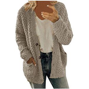 HaicoM Kitted vest voor vrouwen met knopen herfst winter jersey vest dames zakken V-hals lange mouwen bovenkleding dames casual losse warme plus size pluche trui vest jas, Grijs, XL