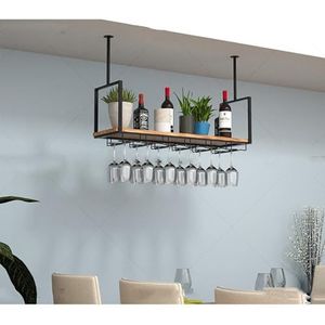 Hangend wijnglazenrek, hangende plank, plafondwijnrek/hangende rekcombinatie, loft wijnglazenrek met rasterontwerp om te voorkomen dat items vallen(Noir,80 * 30 * 60cm)