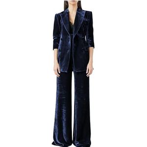 Fluwelen Broekpakken Vrouwen Dubbele Breasted Voering Dames Business Office Smoking Werkkleding Party Suits, marineblauw, XS