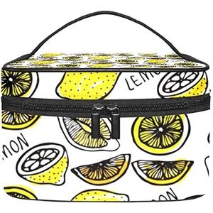 Cartoon zeeschildpadden schattig patroon blauwe achtergrond make-up tas voor vrouwen meisjes cosmetische tassen met handvat reizen make-up organizer tas, Hand getrokken citroenen plakjes patroon, 8.9x5.9x5.4 Inches, Make-up zakje