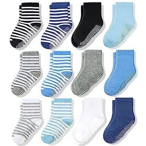 CozyWay baby- en peuter sokken met antislipzolen, enkelsokken met noppen voor jongens en meisjes, comfortabel zacht katoen, 12 stuks, blauw/wit, 1-3T