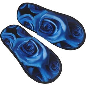 BONDIJ Blauwe pantoffels met rozenprint, zachte pluche huispantoffels, warme instappers, gezellige pantoffels voor binnen en buiten, Zwart, one size