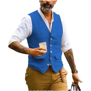 AeoTeokey Heren zomer linnen vest vest V-hals vintage formele mode vest normale pasvorm, Blauw, XL