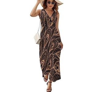 Gouden abstracte pauwenveren maxi-jurk voor vrouwen mouwloze lange zomerjurken strandjurken A-lijn L