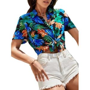 dames topjes Shirt met tropische print en knopen aan de voorkant zonder beha (Color : Multicolore, Size : X-Small)