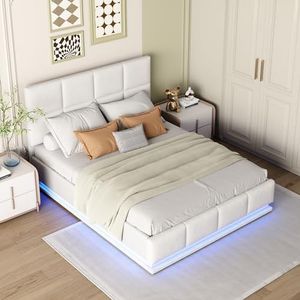 Aunvla Gestoffeerd bed, 140 x 200 cm, met ledverlichting en hydraulisch optilbare bedopbergruimte, bedlade en lattenbodem, bekleding van kunstleer, tweepersoonsbed, volwassenen, jeugdbed, wit