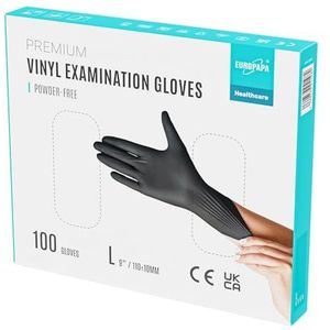 EUROPAPA® Vinylhandschoenen, wegwerphandschoenen, onderzoekshandschoenen, latexvrij, poedervrij, verkrijgbaar in maten S, M, L en XL, zwart, premium kwaliteit, 100 stuks