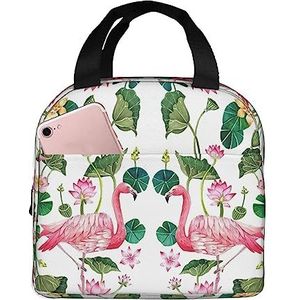 SUHNGE Flamingo vogel ronde bladeren print geïsoleerde lunchbox voor dames en heren, kantoorwerklamp duurzame draagtas
