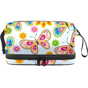 Grote capaciteit reizen cosmetische tas,Kleurrijke vlinder en bloem,Make-up tas,Waterdichte make-up tas organisator, Meerkleurig, 27x15x14 cm/10.6x5.9x5.5 in