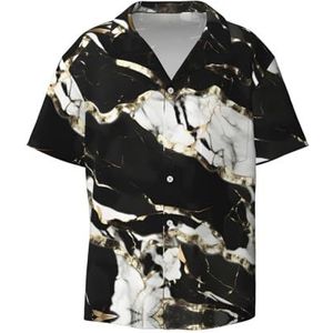 Zwart en Wit Marmeren Textuur Print Heren Korte Mouw Button Down Shirts Casual Losse Fit Zomer Strand Shirts Heren Jurk Shirts, Zwart, XL