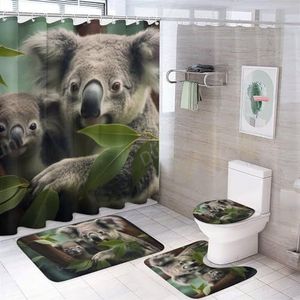 DEBAOKA Grappige Koala 4 Stuks Douchegordijn Sets Moderne Bos Bladeren Grijze Dieren Badkamer Decor Set Badkamer Accessoire Sets met Tapijten En Toilet Deksel Cover