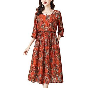 Vrouwen Vintage Elegante Moerbei Zijde Print Jurken Zomer Etnische Stijl 1/2 Mouw Crew Neck Casual Losse Cocktail Party Prom Lange Jurk, Rood, S