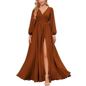 KURFACE Bruidsmeisjesjurken met lange mouwen en split geplooide chiffon formele jurk met mouwen formele jurk, Verbrand Oranje, 32