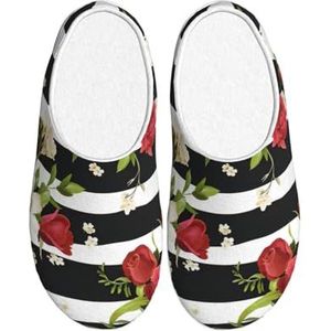 EdWal Zwart Wit Strepen Rode Roos Bloemen Print Winter Warme Slippers Indoor Anti-slip Pluche Slippers Ontspannen Thuis Voor Vrouwen Mannen, Zwart, 37.5 EU