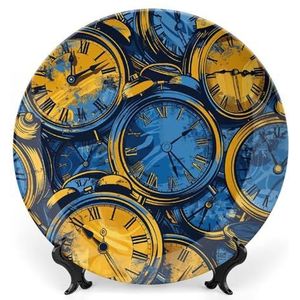 GFLFMXZW Bone China Decoratieve plaat met displaystandaard blauwe en gele klok keramische decoratieve platen ronde keramische dinerplaat kunst ambachten keramische ornamenten voor thuiskantoor muur