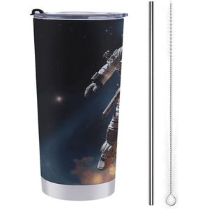 AQRJLPM Astronaut Flying in Space Car Cup roestvrij staal 597 ml beker met rietje en deksels lekvrije geïsoleerde roestvrijstalen reiskoffiemok pobtable voor koude warme dranken kamperen