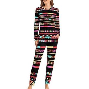 Gekleurde Strepen Tribal Zachte Dames Pyjama Lange Mouw Warm Fit Pyjama Loungewear Sets met Zakken XS