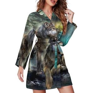 3D Gedrukt Wolf Vrouwen Badjas Sjaal Kraag Loungewear Spa Badjas Lange Mouw Pyjama XL