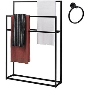 EEUK Handdoekenrek, vrijstaand, zwart, voor de badkamer, staand, met 2 handdoekstangen, staande handdoekhouder, zwart handdoekenrek, metaal +plus: roestvrijstalen handdoekring, 85 x 20 x 110 cm (l x b