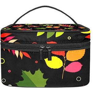 Skull Design Make-up Tas voor Vrouwen Meisjes Cosmetische Tassen met Handvat Reizen Make-up Organizer Tas, Herfst Bladeren Patroon Met Zwarte Achtergrond, 8.9x5.9x5.4 Inches, Make-up zakje