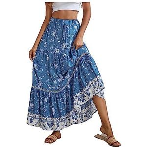 NOGRAX Long Skirt Summer Printed Skirts Women Floral A-line Dress Ruffle Holiday Beach Dress For Women Patchwork Skirt-blue,l