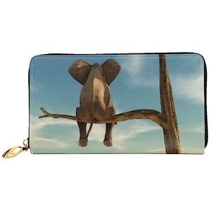 DEHIWI Kleine Olifant Op Boom Lederen Rits Rond Portemonnee Vrouwen Clutch Purse Reizen Kaarthouder Tas Gift, Zwart, Eén maat