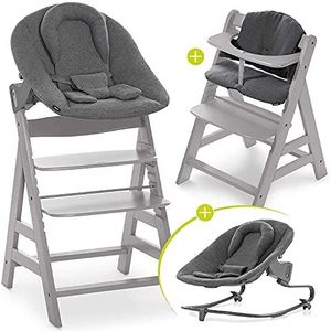 Hauck Kinderstoel Alpha Plus Newborn Set Premium - 4-delige Houten Meegroeistoel vanaf de Geboorte incl. vernieuwd Wipstoeltje, Zitkussens, en 5-punts-gordel - Grijs/Jersey Charcoal