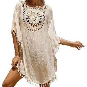 SkyjOy Cover Ups Voor Vrouwen Strandkleding Kant Strand Cover Up Vrouwen Bikini Badpak Kleine Kwastje Holle Jurk Losse Solide Badpakken Cover-Ups Beachwear Badpak Cover Ups Voor Vrouwen (Beige)