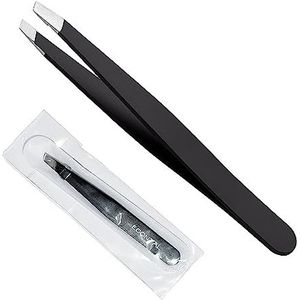 Econtal Pincet wenkbrauwen epileren, zwart met etui, professionele pincet schuine punt, haren epileren, wimperpincet, wenkbrauwpincet