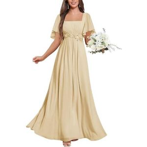 KIYNE Chiffon bruidsmeisjesjurken met mouwen kanten applicatie A-lijn vierkante hals formele avondjurk, Champagne, 32