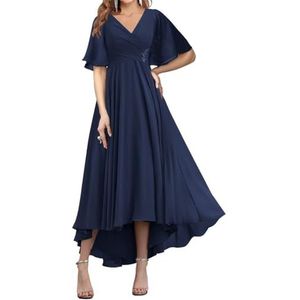 WSEYU Korte Mouw Moeder Van De Bruid Bruidegom Jurken Chiffon Kralen Formele Avond Grootmoeder Jurken Thee Lengte ZM194, Donkerblauw, 32