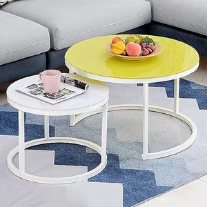 Moderne woonkamer salontafel nesttafel ronde, eenvoudige stijl nesten salontafel set van 2, gehard glas moderne accent bijzettafel, robuust stalen frame (kleur: geel+wit, maat: wit frame