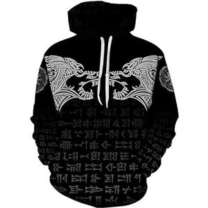 Noorse Mythologie Mannen Vikings Tattoo Noorse Mythologie 3D geprintRaven kompas patroon retro Hoodie Pullover, Pocket Casual Jas Pullover Herfst (Color : Color, Size : XXXL)