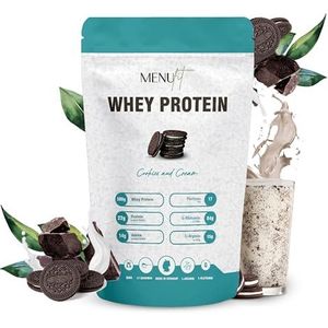 Menufit Whey Protein poeder 500g, Cookies and Cream-smaak, eiwitpoeder voor spieropbouw, in water oplosbaar proteïnepoeder gemaakt van wei-eiwit.