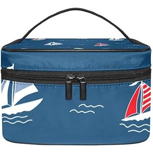 Etnische China Vis Zwarte Make-up Tas Voor Vrouwen Meisjes Cosmetische Tassen Met Handvat Reizen Make-up Organizer Tas, Boot Blauw, 8.9x5.9x5.4 Inches, Make-up Pouch