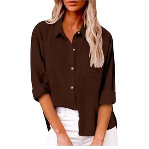 Dames katoenen linnen button-down overhemd 2024 lente casual effen kleur shirts met lange mouwen losse werktops met zakken(Color:Dark Brown,Size:3XL)