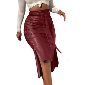 AYXAMO Pvc-rok, leren rok voor dames, trendy midi-rok van PU-leer, effen kleur, hoge taille, vetersluiting aan de zijknop, slanke skinny kokerrok voor dames, 1, M