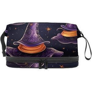 Dubbele Laag Cosmetische Tas Halloween Heks Hoeden Paars Draagbare Make-up Tas Travel Organizer Pouch voor Vrouwen Meisjes Toiletartikelen Tassen, Multi 6, 27x15x14 cm/10.6x5.9x5.5 in, Make-up zakje