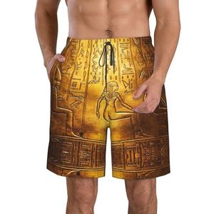 Geel Bloesem en Oranje Fruit Print Heren Zwemplank Shorts Zwembroek Trunks Badmode Sneldrogende Surfen Strand Essentiële Zomer, Egypte Hiërogliefen, 3XL