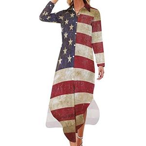 Old Grunge USA Flag Maxi-jurk voor dames, lange mouwen, knoopjurk, casual feestjurk, lange jurk, 5XL